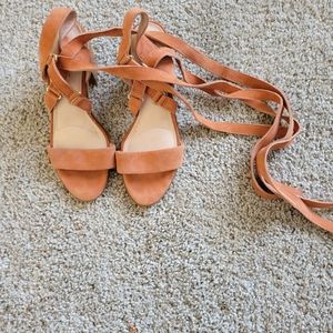 Faux suede coral color scrappy heels